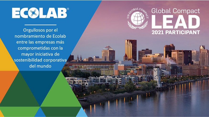 Image with skyline of downtown St. Paul, Minn., geometric shapes and text on that reads in Spanish, "Proud to be named among the most engaged companies in the world's largest corporate sustainability initiative." The award logo is also visible, reading UN Global Compact Lead 2021 Participant.