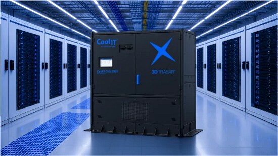 CoolIT unit and 3D TRASAR unit together in data center aisle